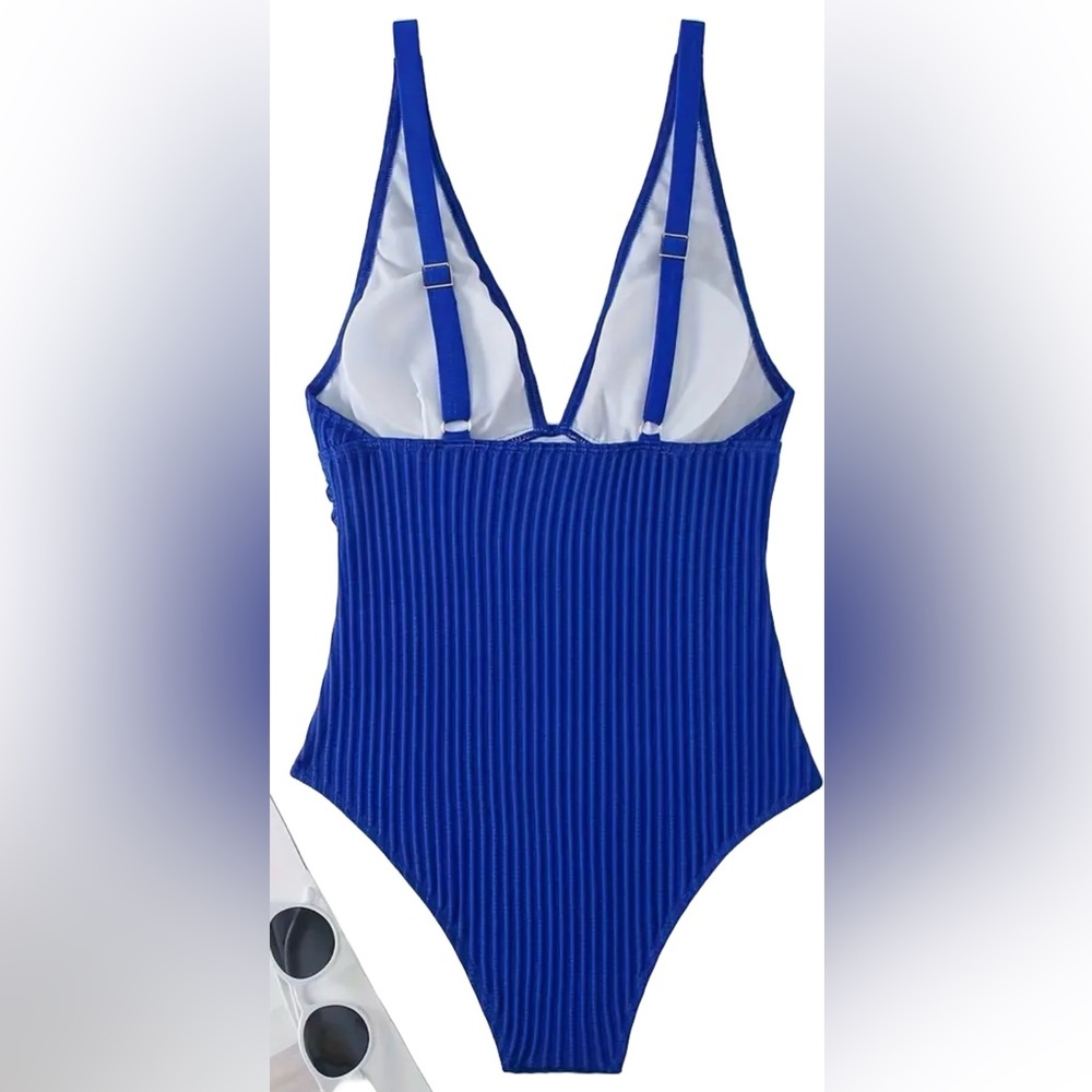Blue V Neck Ribbed One Piece Swimsuit - Picture 6 of 9
